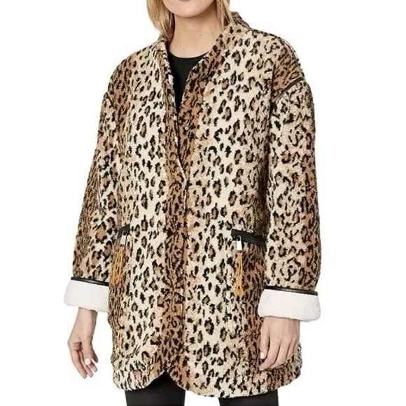 Blank NYC Fleece Leopard Print Faux Leather Trim Coat Jacket Beige Tan Small - Picture 1 of 12